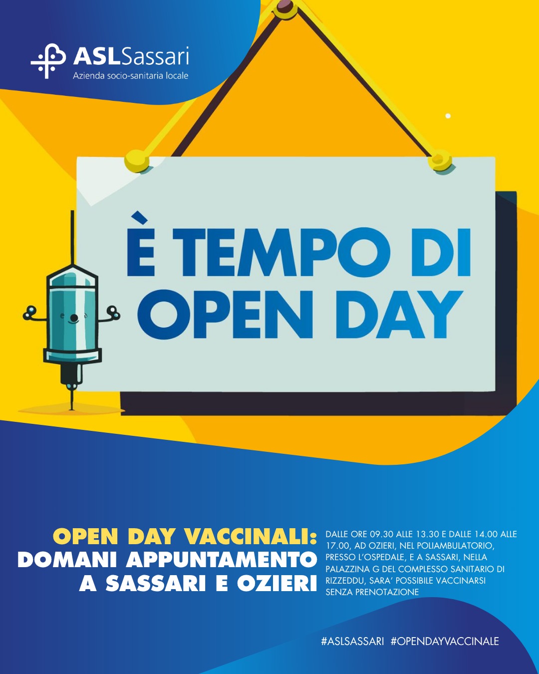 Open Day vaccinali: l’appuntamento è ad Ozieri e Sassari